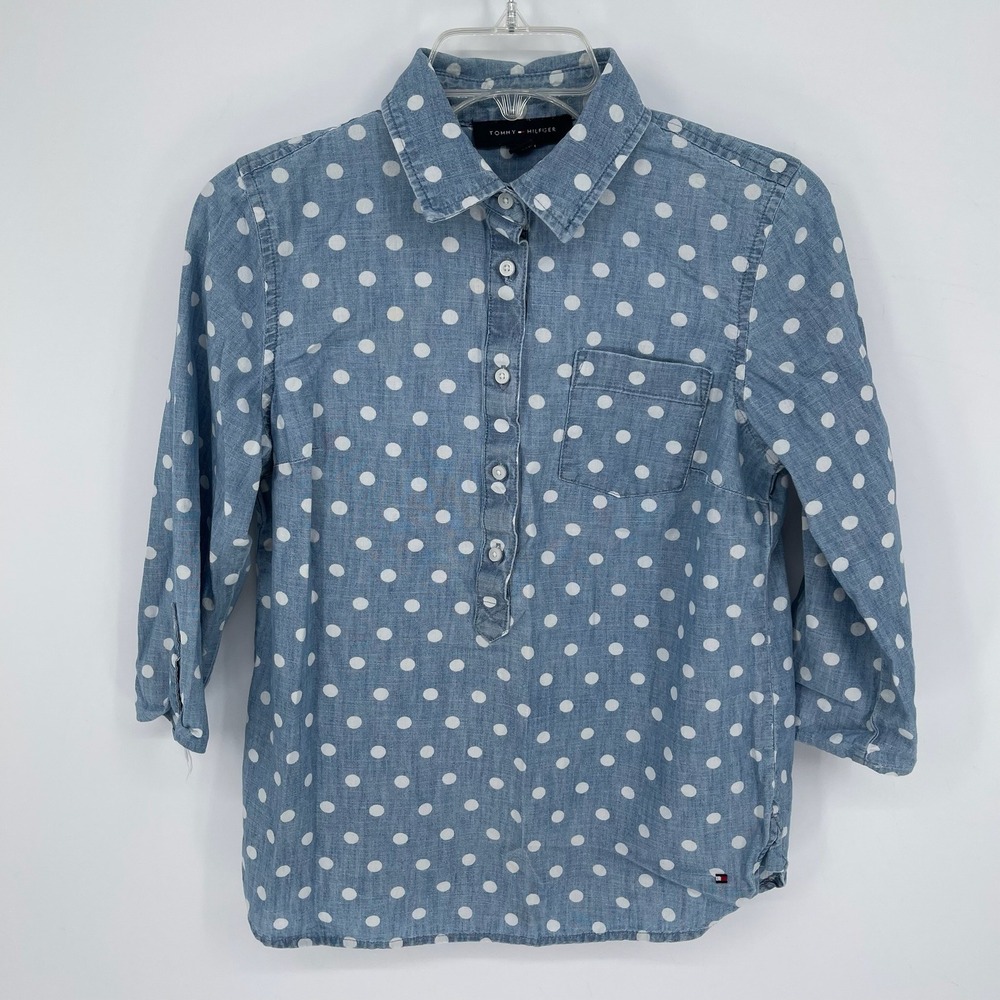 Tommy Hilfiger Women's Blue Polka‎ Dot Chambray Henley Shirt Size Small